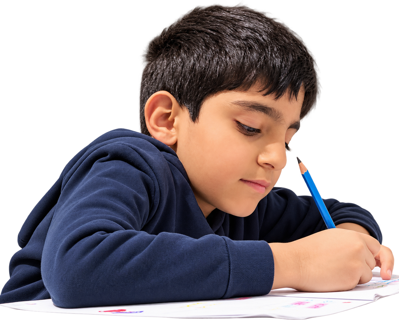 Zayd Ayub drawing with a blue pencil